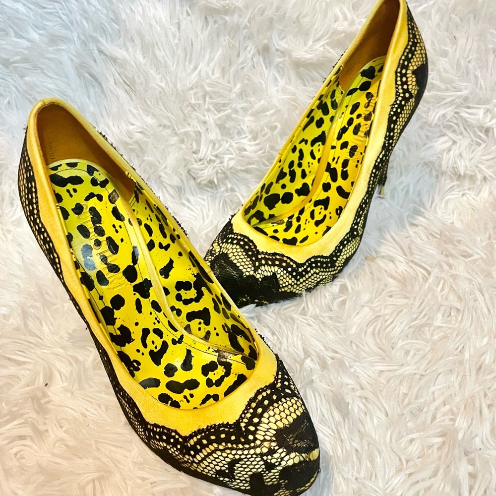 Colin Stuart Y2K Yellow & Black Lace Pump StilettoHeel Leopard Print Insoles